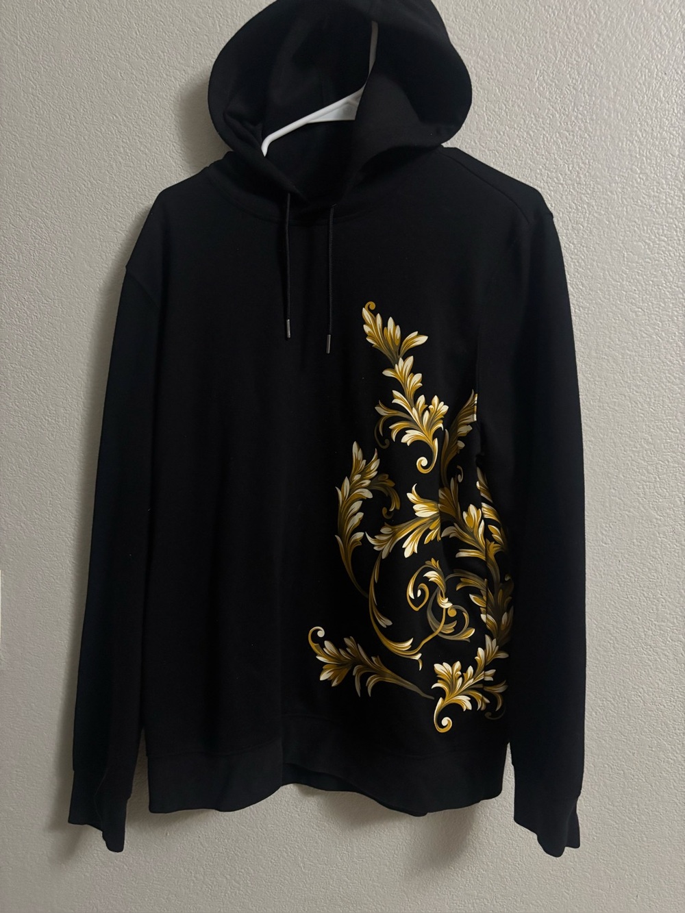 H&M Black Hoodie with Gold Baroque Scroll Print - Men's Sweater